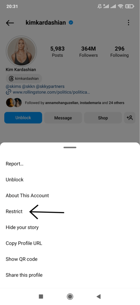 Restringe a un usuario en Instagram